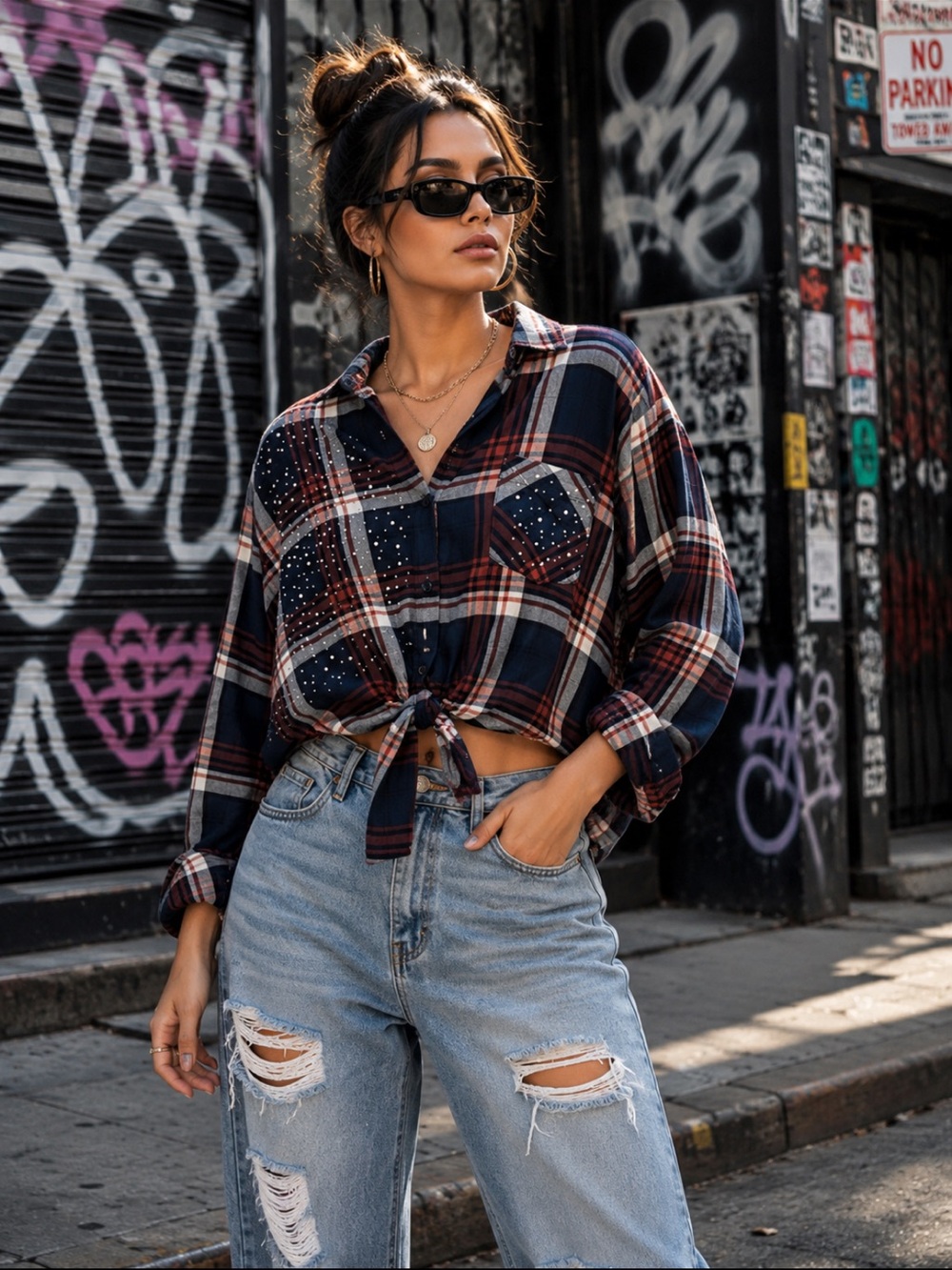 New Look Navy, Red & White Plaid Tie-Front Top with Stud Accents